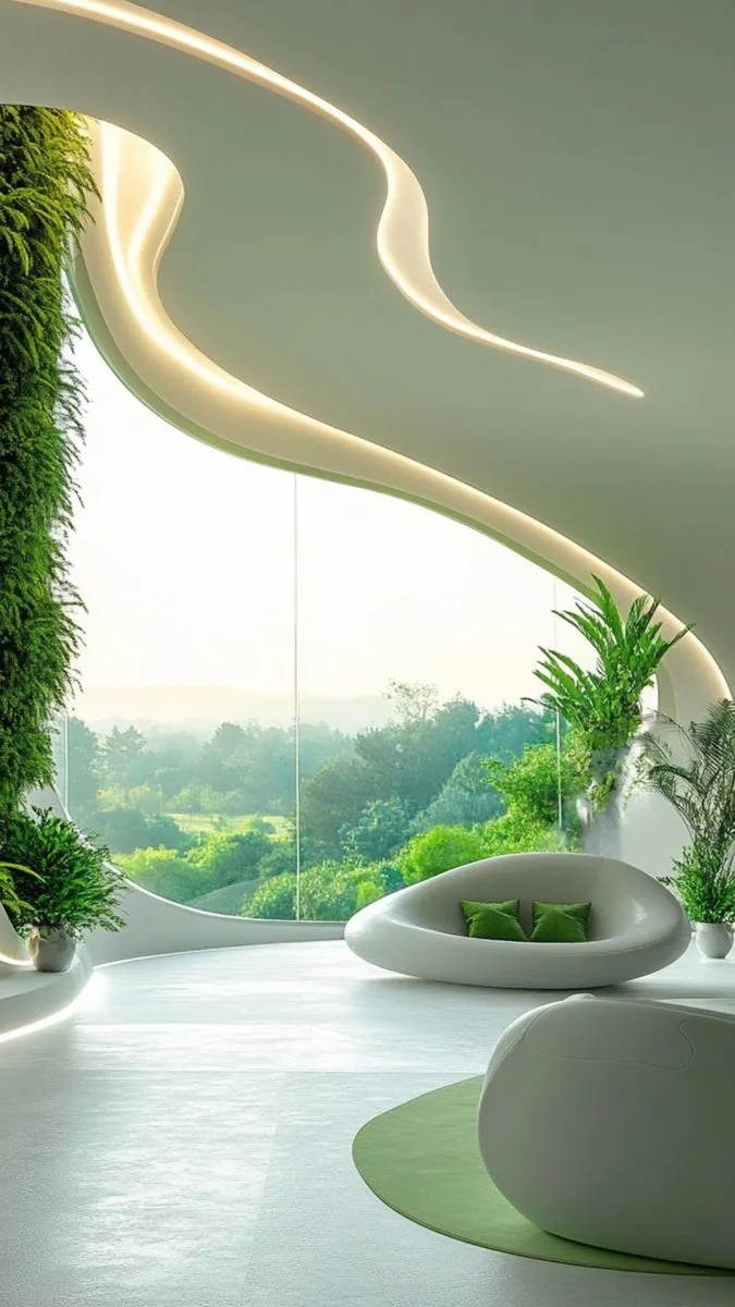 Anuvith — futuristic green interior with panoramic landscape view
