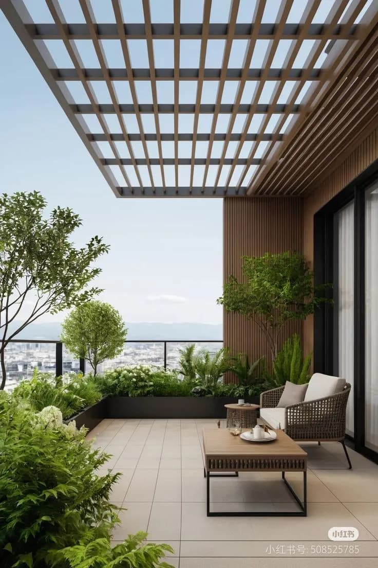 Modern rooftop terrace with greenery and a city view