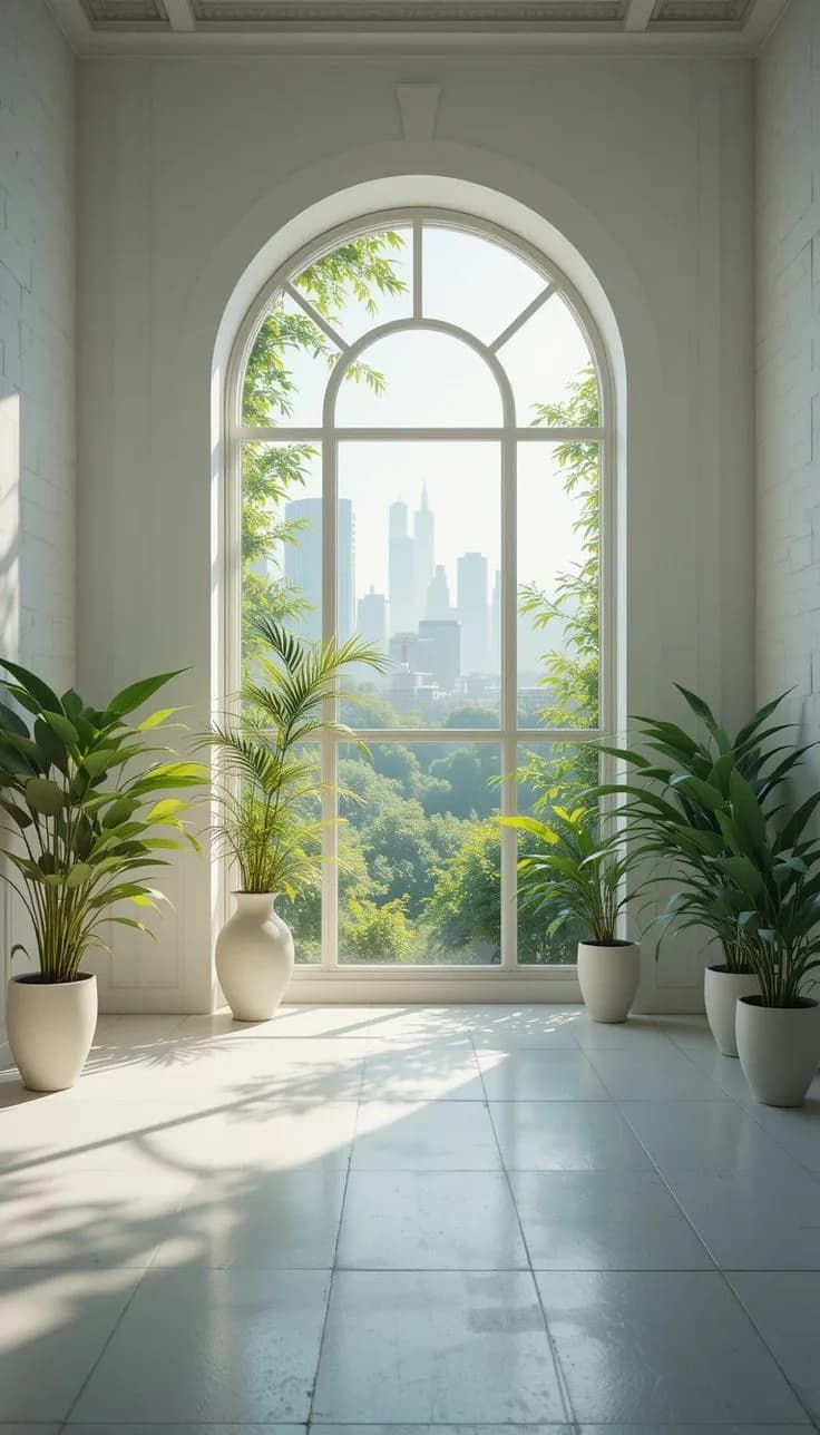 Sunlit interior with greenery and a city skyline view